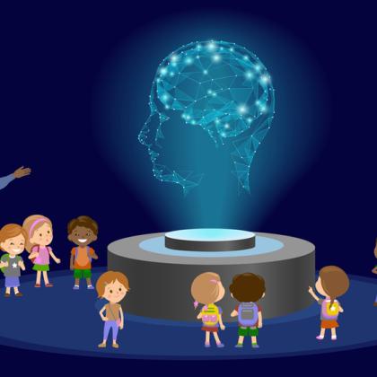 Animated photos of young learners and a teacher around a hologram of a human head.